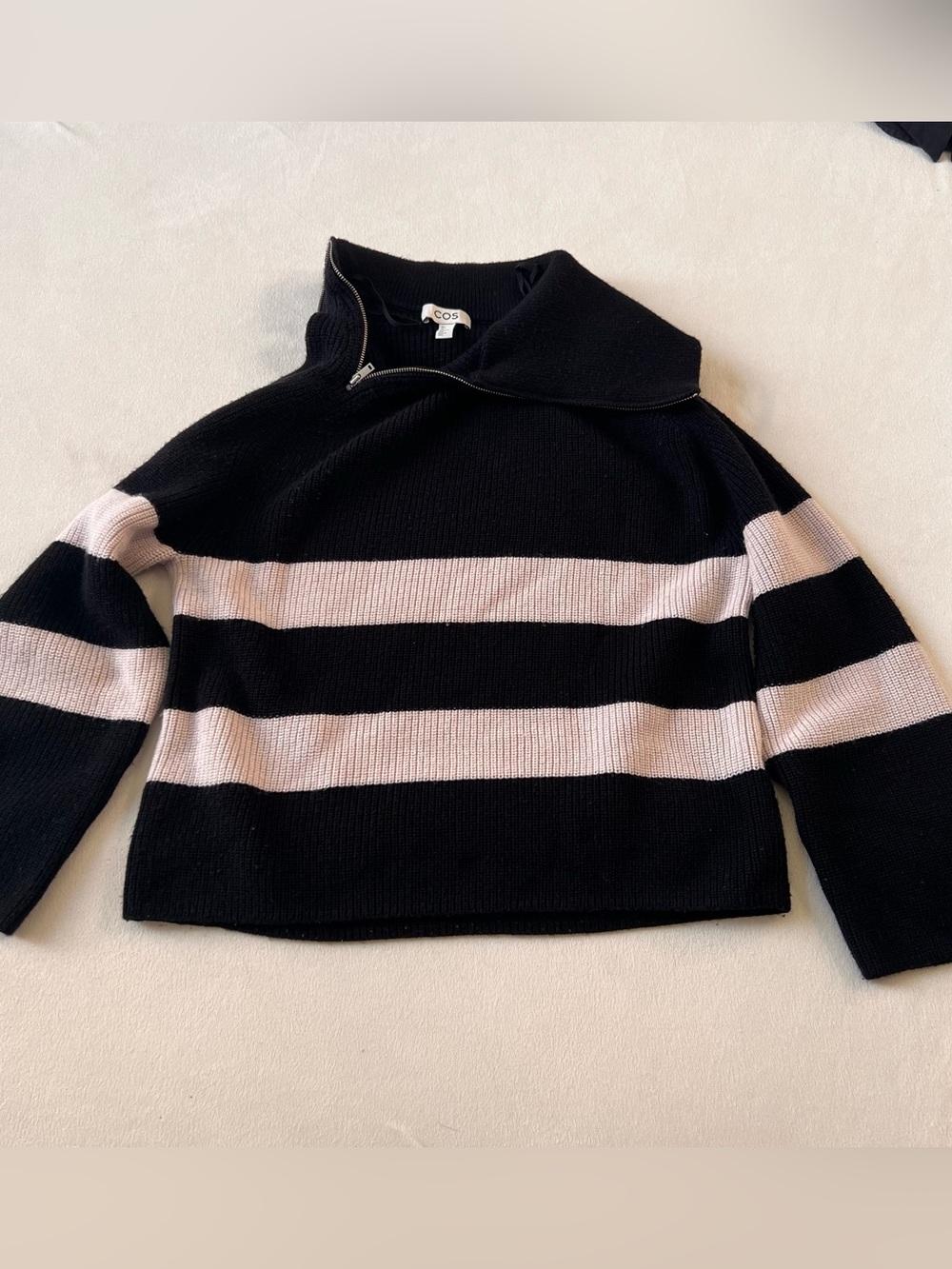 COS Black and Cream Wide-Stripe Asymmetrical Zip Sweater Contemporary